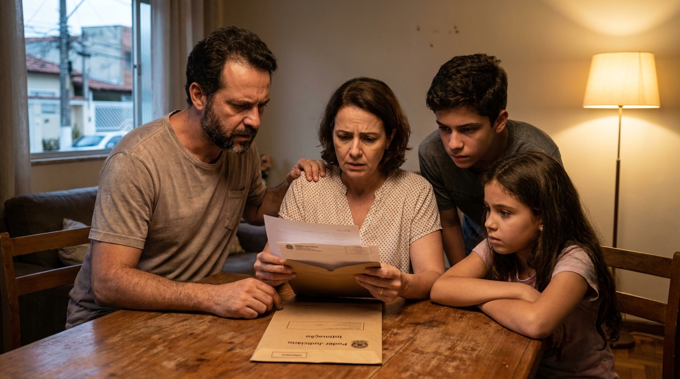 Família brasileira de classe média em casa lendo com apreensão uma notificação judicial recebida pelo correio