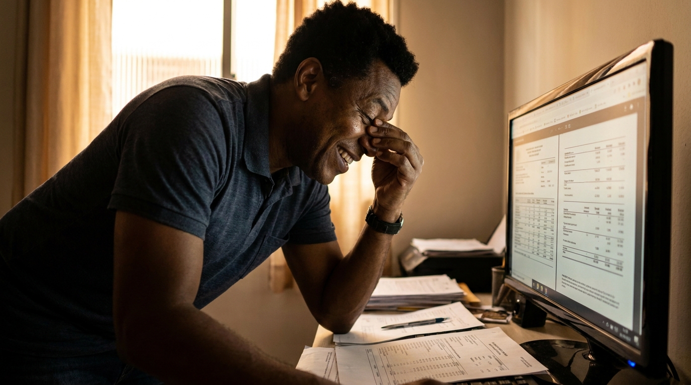 Gestor financeiro brasileiro negro sorrindo aliviado enquanto revisa relatórios de redução de impostos no monitor de um computador moderno