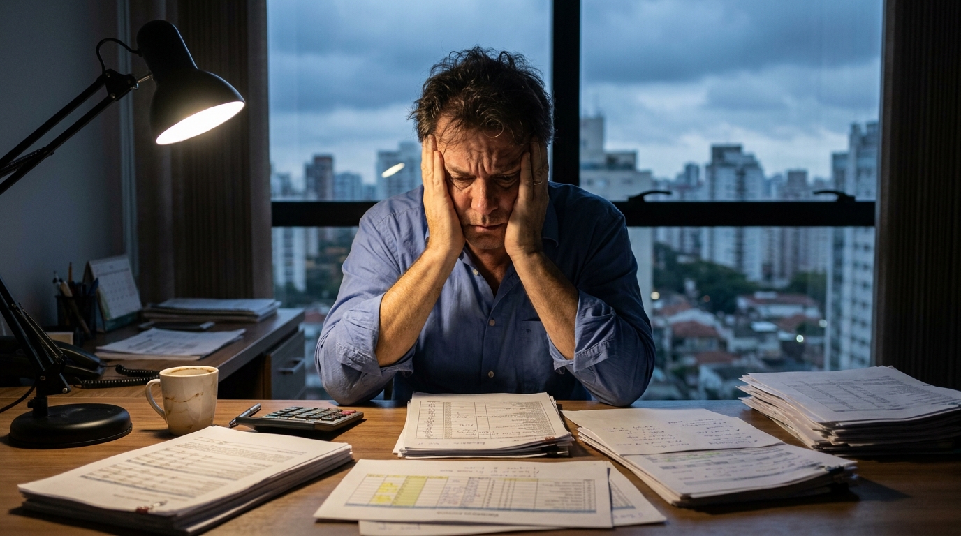 Empresário brasileiro em escritório analisando planilhas de folha de pagamento com expressão de preocupação e foco profundo - recuperação de créditos tributários