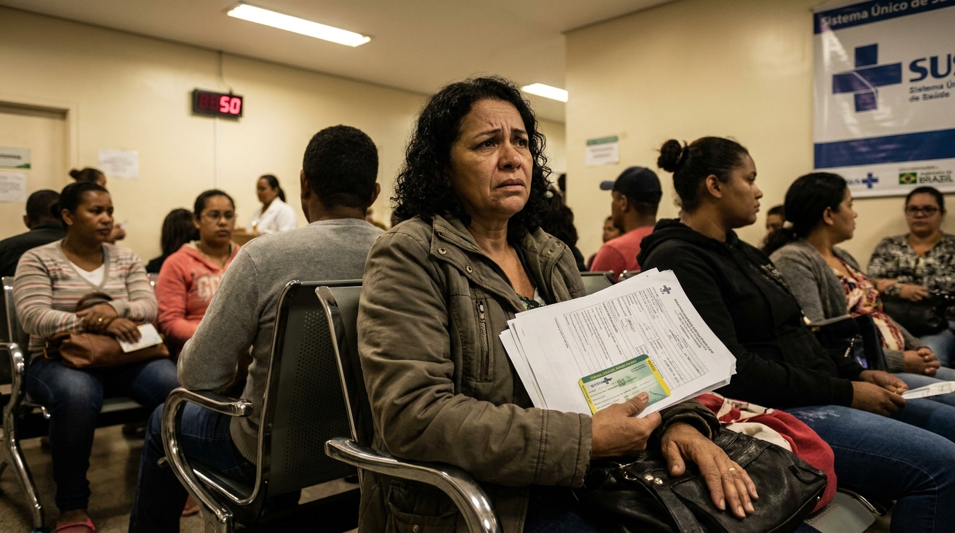 Trabalhadora brasileira com expressão de dor segurando exames médicos na sala de espera de uma clínica pública - afastamento INSS primeiros 15 dias