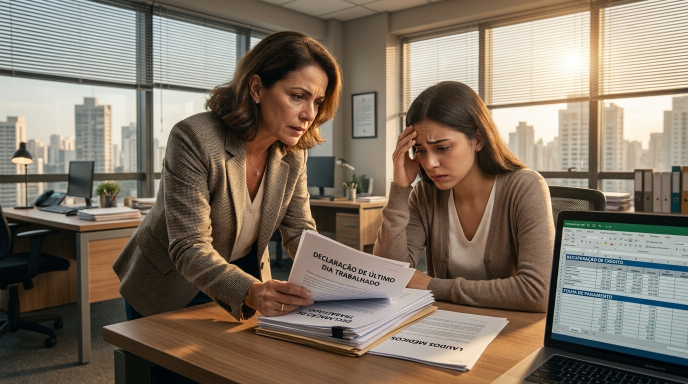 Gestora de RH brasileira orientando colaboradora preocupada sobre documentos médicos em escritório corporativo - planejamento tributário folha de pagamento