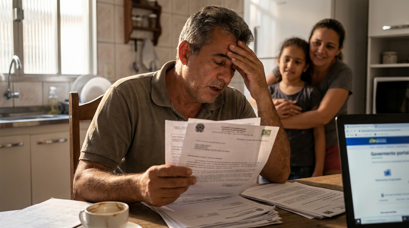 Pai de família brasileiro de meia idade em casa revisando correspondência oficial com alívio - isenção IRPF doença grave
