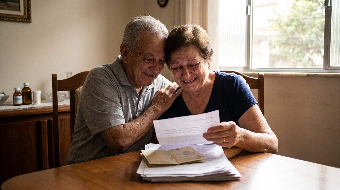 Casal de idosos brasileiros na sala de jantar sorrindo com tranquilidade financeira após tratamento médico - isenção IRPF doença grave