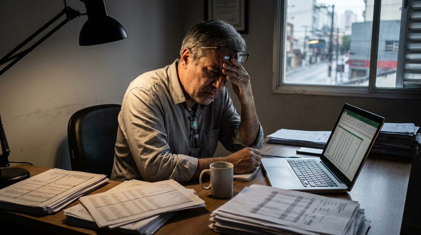 Empresário brasileiro de meia-idade analisando planilhas financeiras em seu escritório com expressão de extrema preocupação devido ao aumento de impostos na folha de pagamento