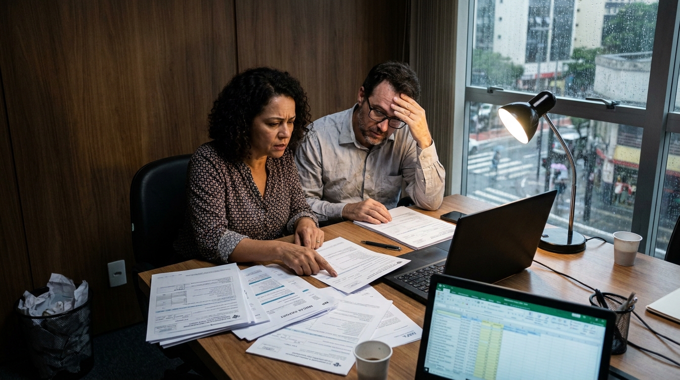 Gestora de RH e contador brasileiros revisando documentos tributários e laudos médicos em uma mesa de reunião, buscando soluções para a carga tributária