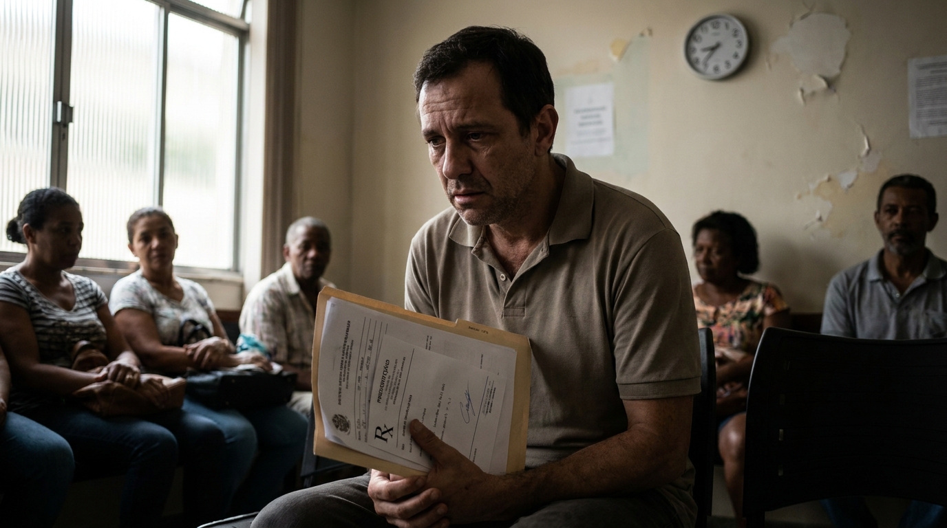 Trabalhador brasileiro angustiado sentado na sala de espera de uma clínica médica, segurando laudos e receitas, sem saber se poderá voltar ao trabalho