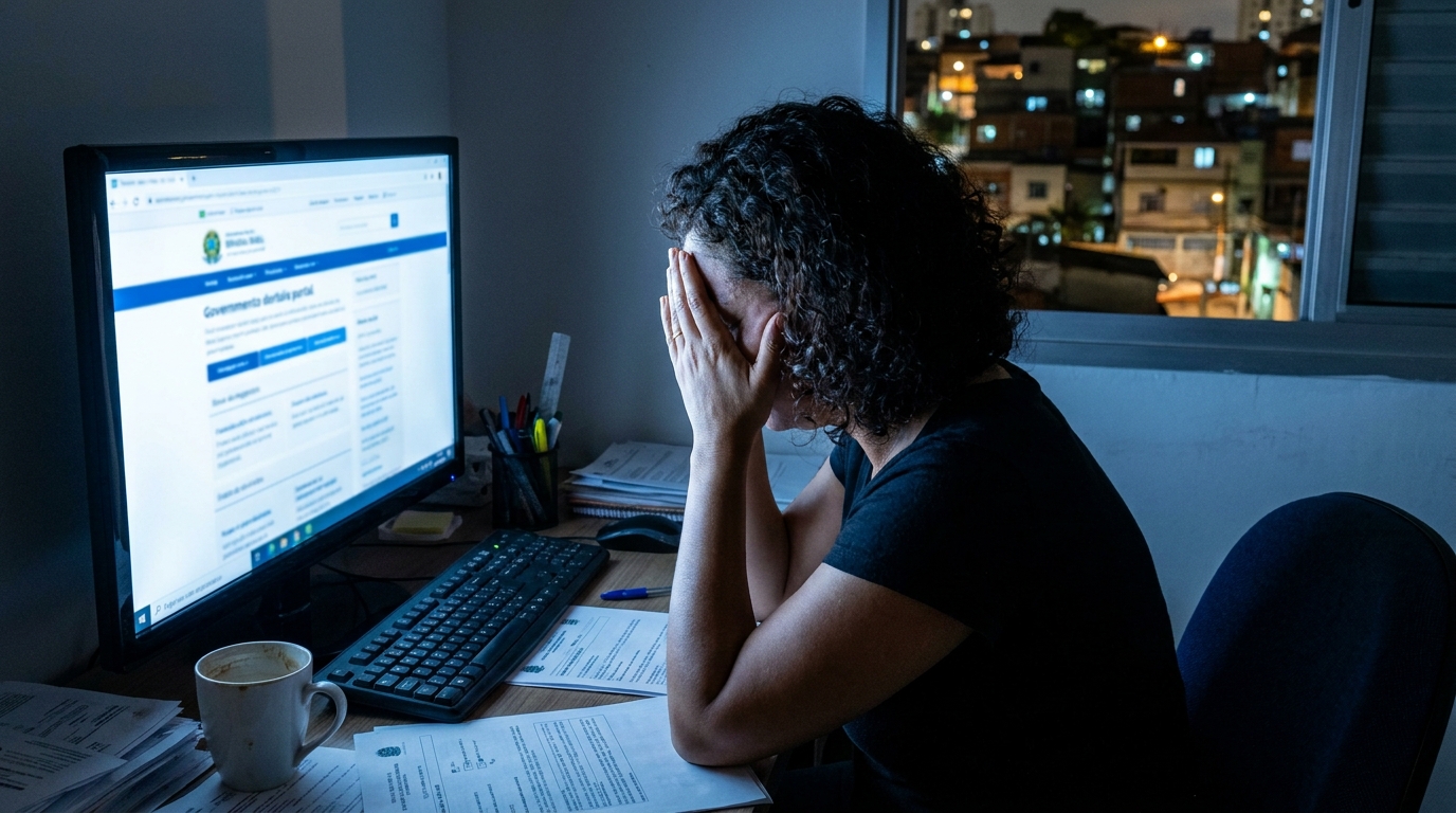 Dona de um pequeno negócio no Brasil em frente ao computador do escritório, com as mãos no rosto, demonstrando frustração ao tentar acessar portais do governo