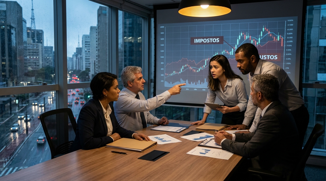Reunião de diretoria em uma empresa brasileira, com executivos discutindo gráficos de redução de custos tributários e estratégias de conformidade legal