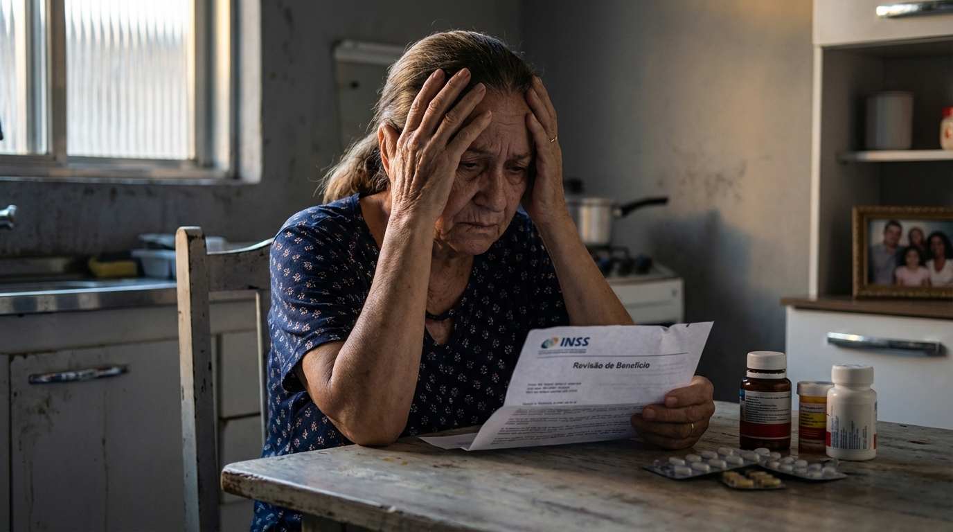 Senhora brasileira idosa sentada na mesa da cozinha, segurando uma carta do INSS com expressão de angústia, com remédios sobre a mesa, representando o risco de corte de benefícios - planejamento previdenciário