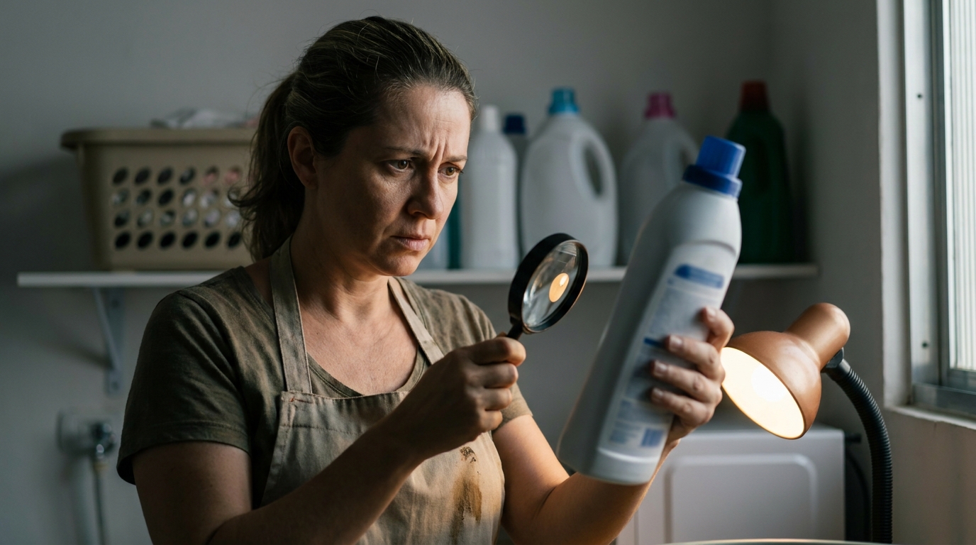 Mãe brasileira preocupada inspecionando rótulos de produtos de limpeza na lavanderia de casa após alerta da Anvisa sobre risco à saúde consumidor