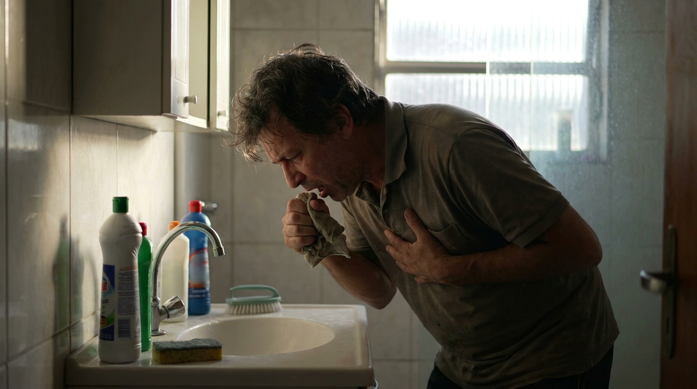 Homem brasileiro de meia idade tossindo e segurando o peito com expressão de dor enquanto limpa o banheiro de sua casa, demonstrando risco à saúde consumidor