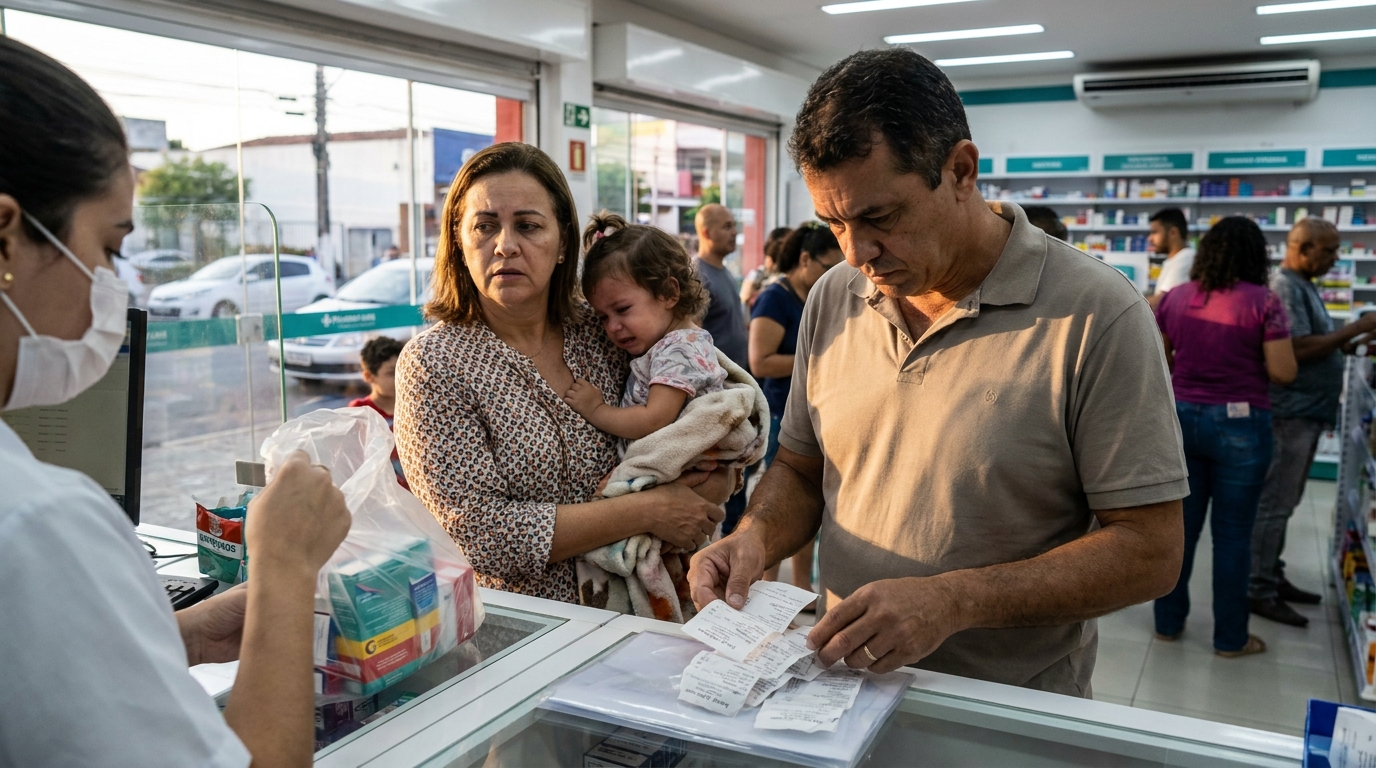 Família brasileira em farmácia comprando medicamentos caros após surto alérgico, guardando as notas fiscais para advogado direito da saúde SP