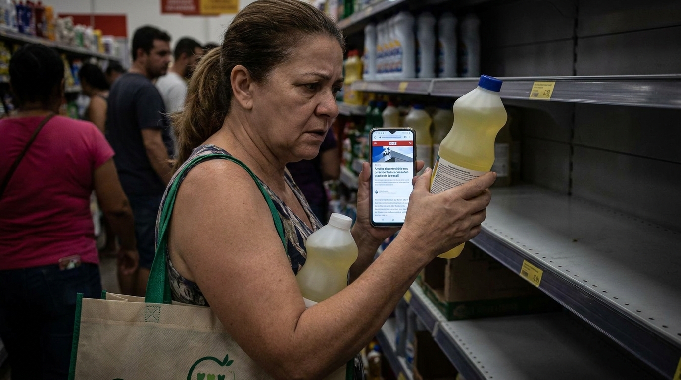 Cidadão brasileiro em corredor de supermercado comparando rótulos de marcas de limpeza pelo celular, demonstrando a busca por reembolso produtos Ypê