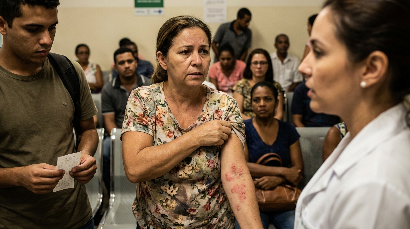Paciente brasileira sendo atendida no SUS mostrando manchas avermelhadas no braço para a médica, evidenciando advogado direito da saúde SP