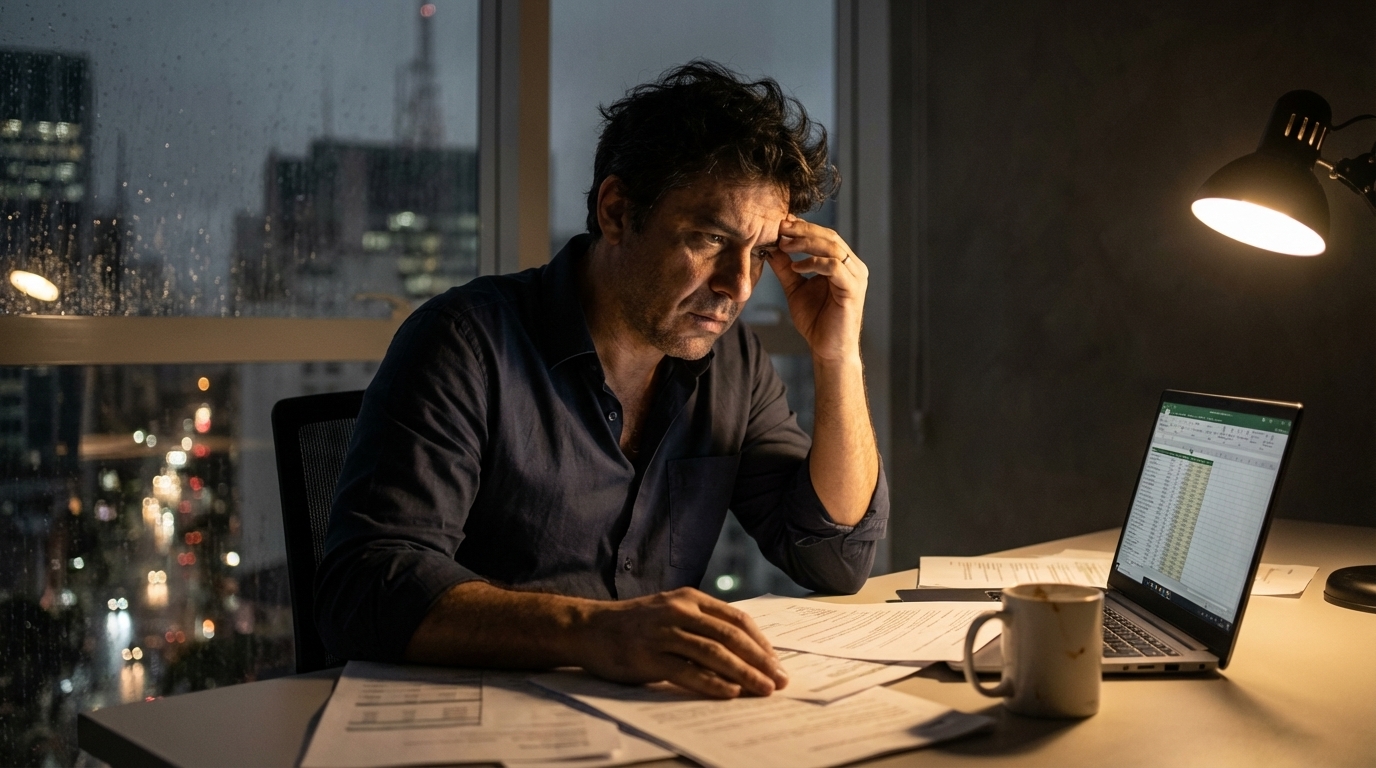 Empresário brasileiro tenso analisando documentos fiscais no escritório à noite, preocupado com Crimes Empresariais e Direito Penal Econômico