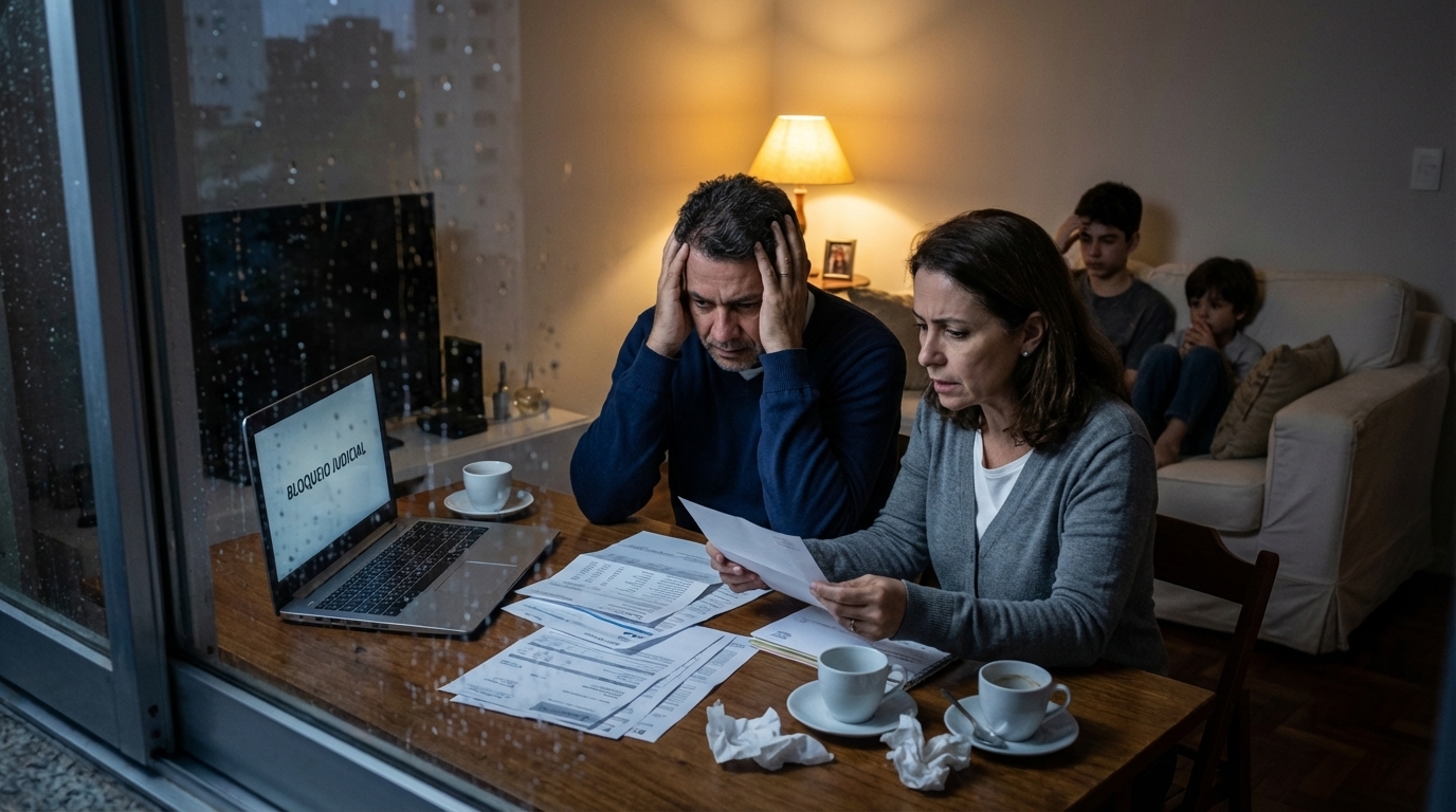 Família brasileira preocupada em casa olhando extratos bancários com expressão de desespero após bloqueio de bens no contexto de Defesa Criminal para Executivos
