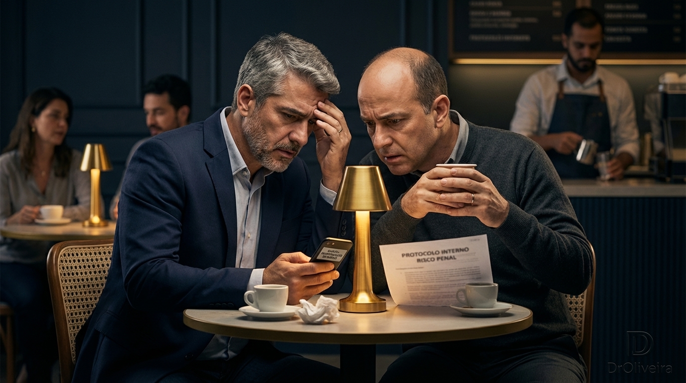 Dois executivos brasileiros tensos em um café discutindo problemas empresariais com medo de investigações de Compliance Concorrencial