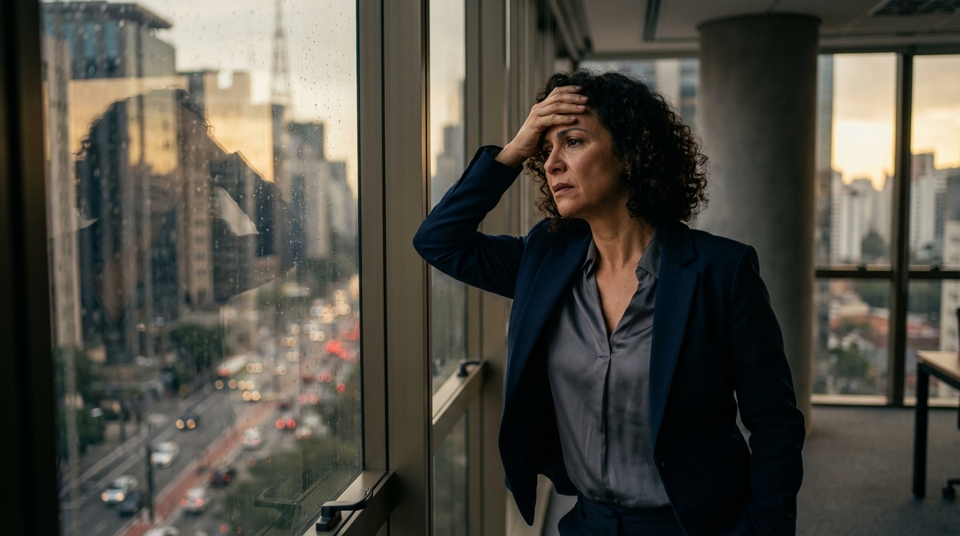 Executiva brasileira em escritório moderno olhando pela janela com expressão de angústia refletindo sobre as pressões do CADE e Crimes Empresariais