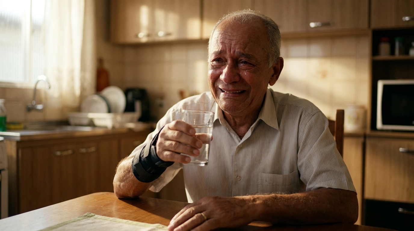 Paciente idoso brasileiro emocionado ao conseguir segurar um copo de água após reabilitação motora, cobertura de órteses e próteses