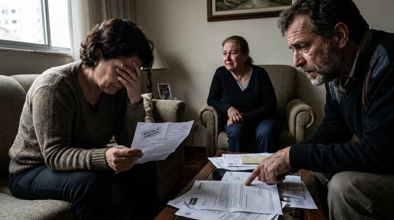 Família brasileira angustiada na sala de estar analisando uma carta de negativa de OPME plano de saúde com expressão de frustração