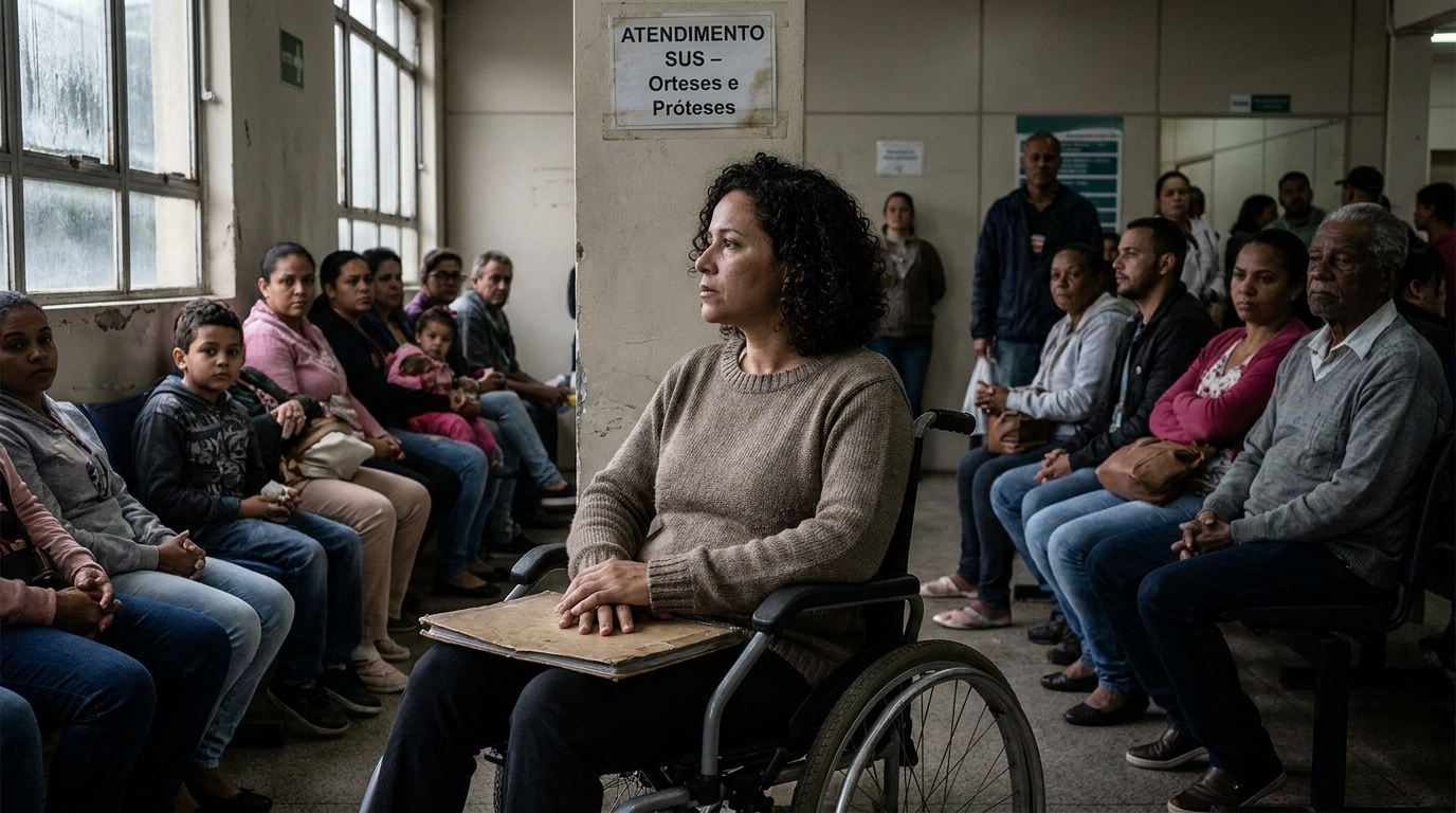 Mulher brasileira em cadeira de rodas aguardando na recepção de um hospital público, buscando acesso à tecnologia assistiva SUS