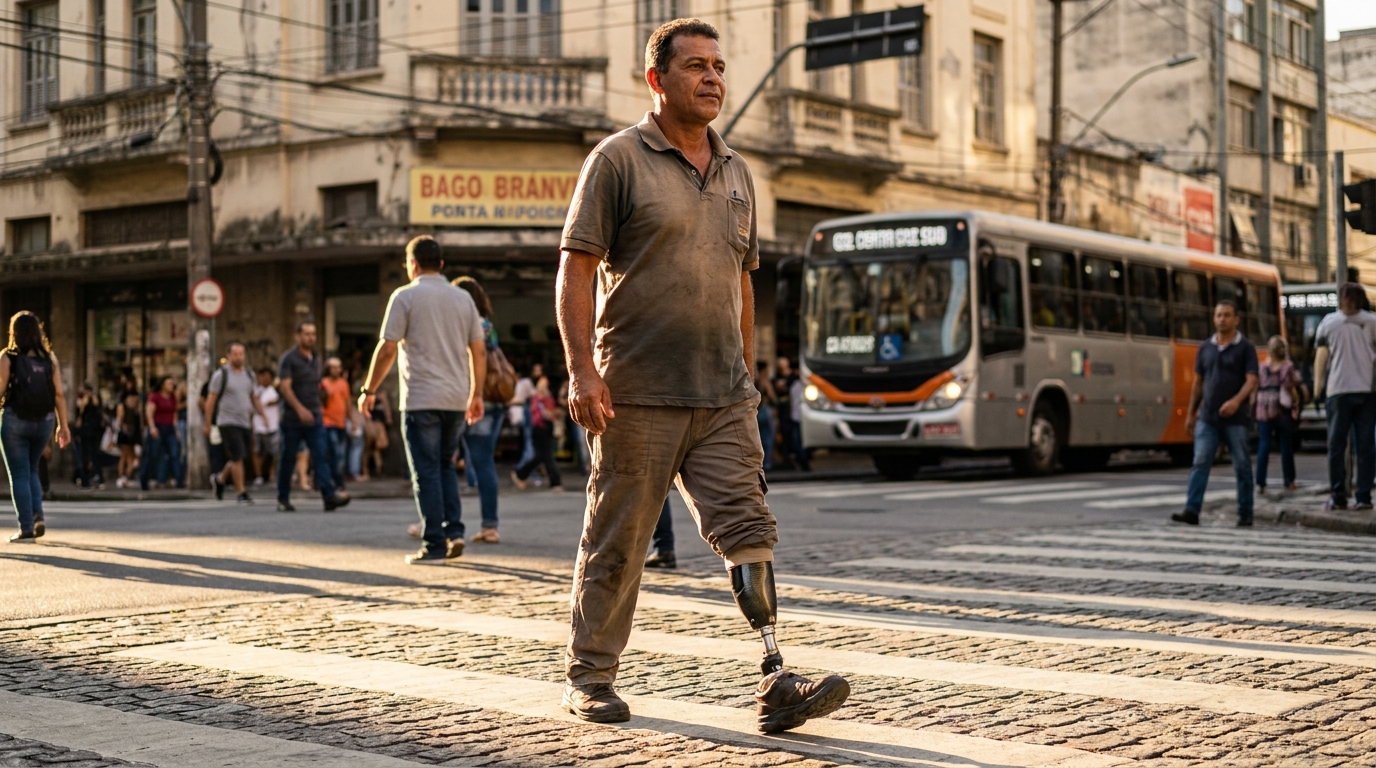 Trabalhador brasileiro com prótese na perna caminhando confiantemente na rua, demonstrando a vitória de uma liminar plano de saúde prótese