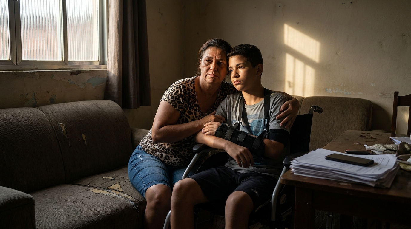 Mãe brasileira abraçando seu filho com deficiência física na sala de sua casa simples, simbolizando a esperança com um advogado direito da saúde SP