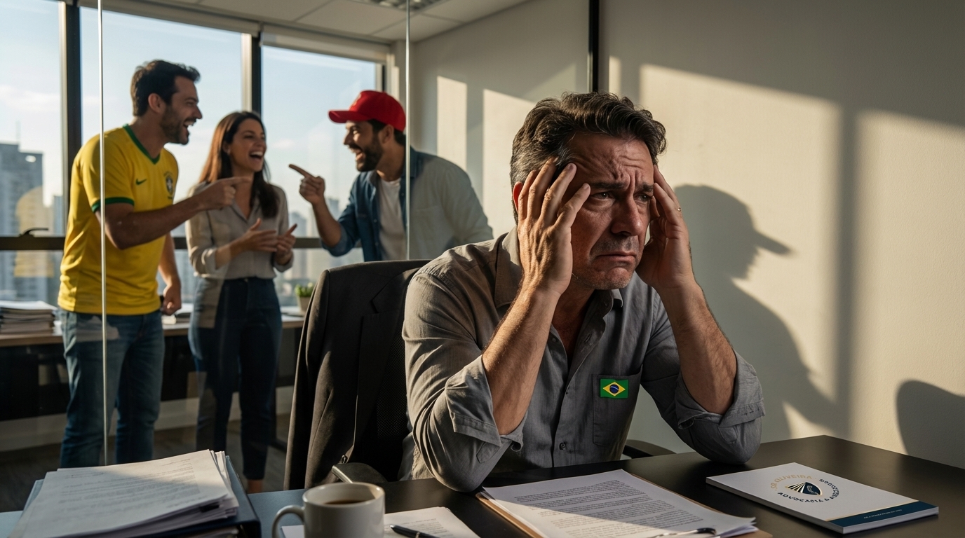 Trabalhador brasileiro com expressão angustiada sentado em sua mesa de escritório enquanto colegas conversam ao fundo - assédio moral no trabalho e intolerância política
