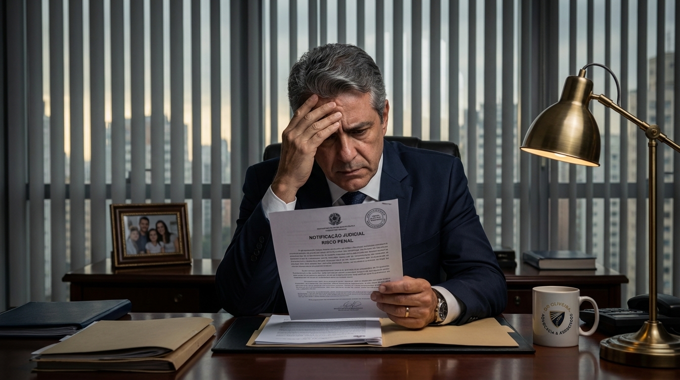 Empresário brasileiro de meia idade em escritório analisando notificação com expressão de profunda preocupação - riscos penais para gestores