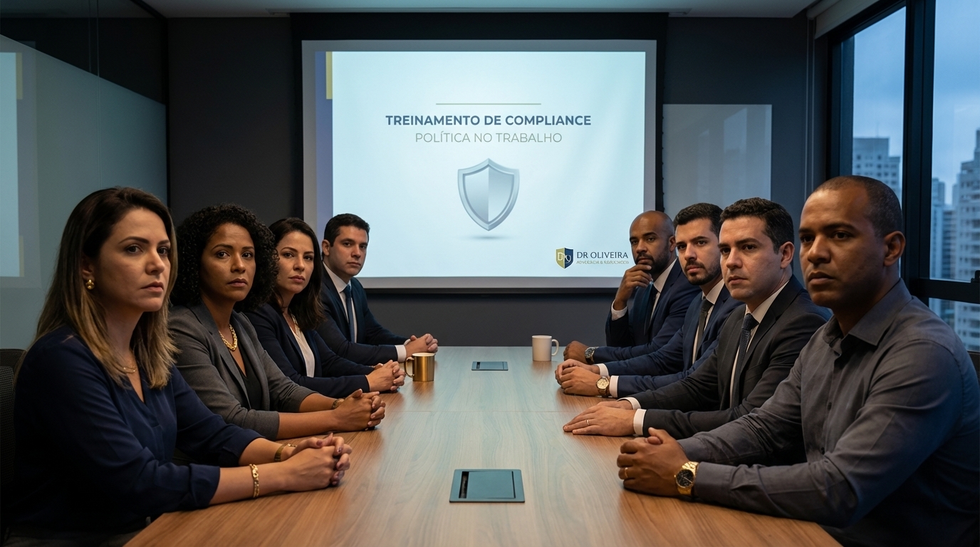 Grupo diversificado de funcionários brasileiros em uma sala de reuniões moderna prestando atenção com expressões sérias a um treinamento de compliance empresarial
