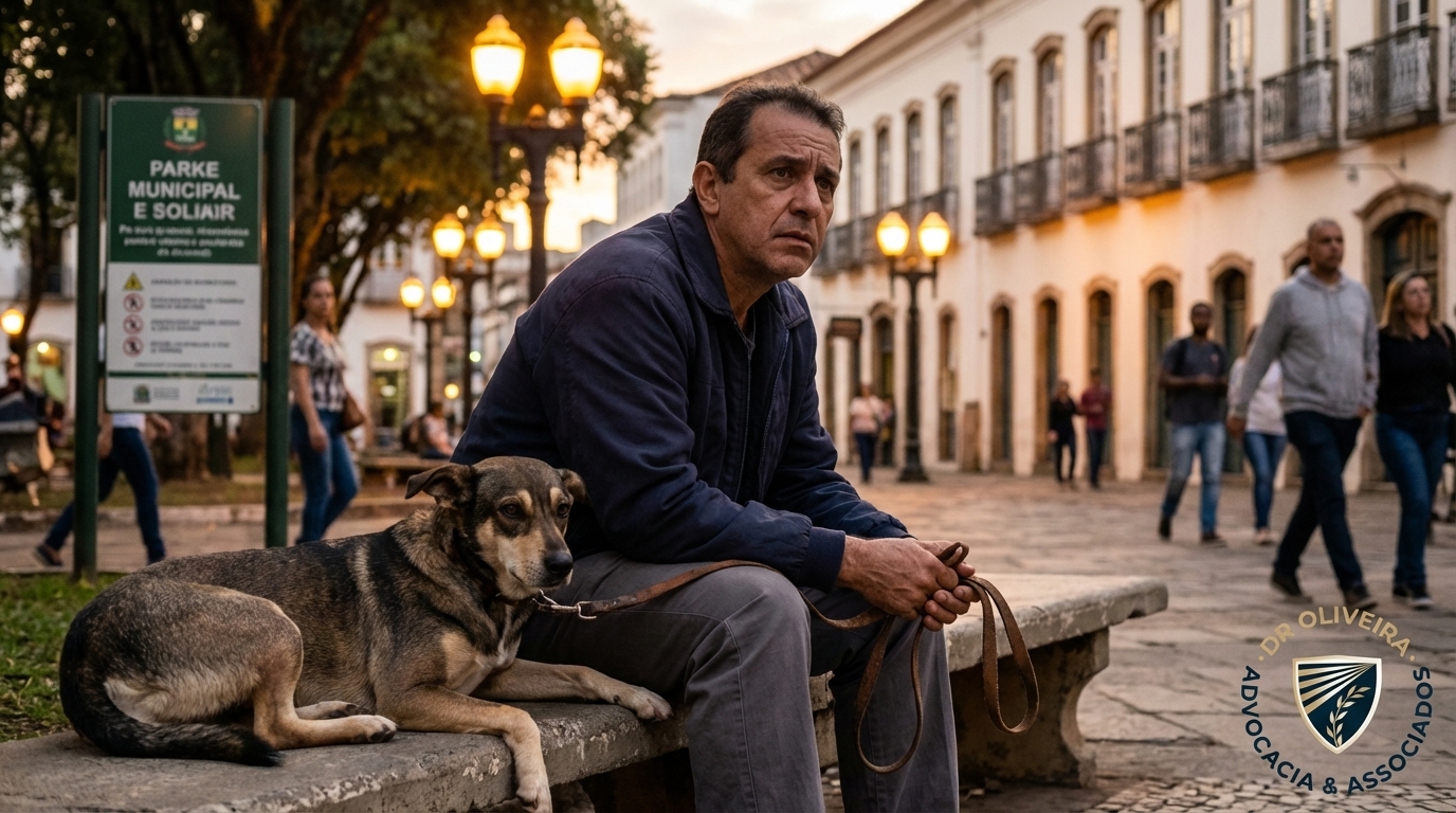 Cidadão brasileiro preocupado segurando coleira de cachorro em praça pública, refletindo sobre responsabilidade criminal dono de cachorro
