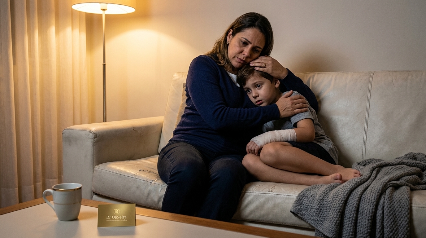 Mãe brasileira confortando filho assustado em casa após incidente em parque, ilustrando ataque de cão praça pública