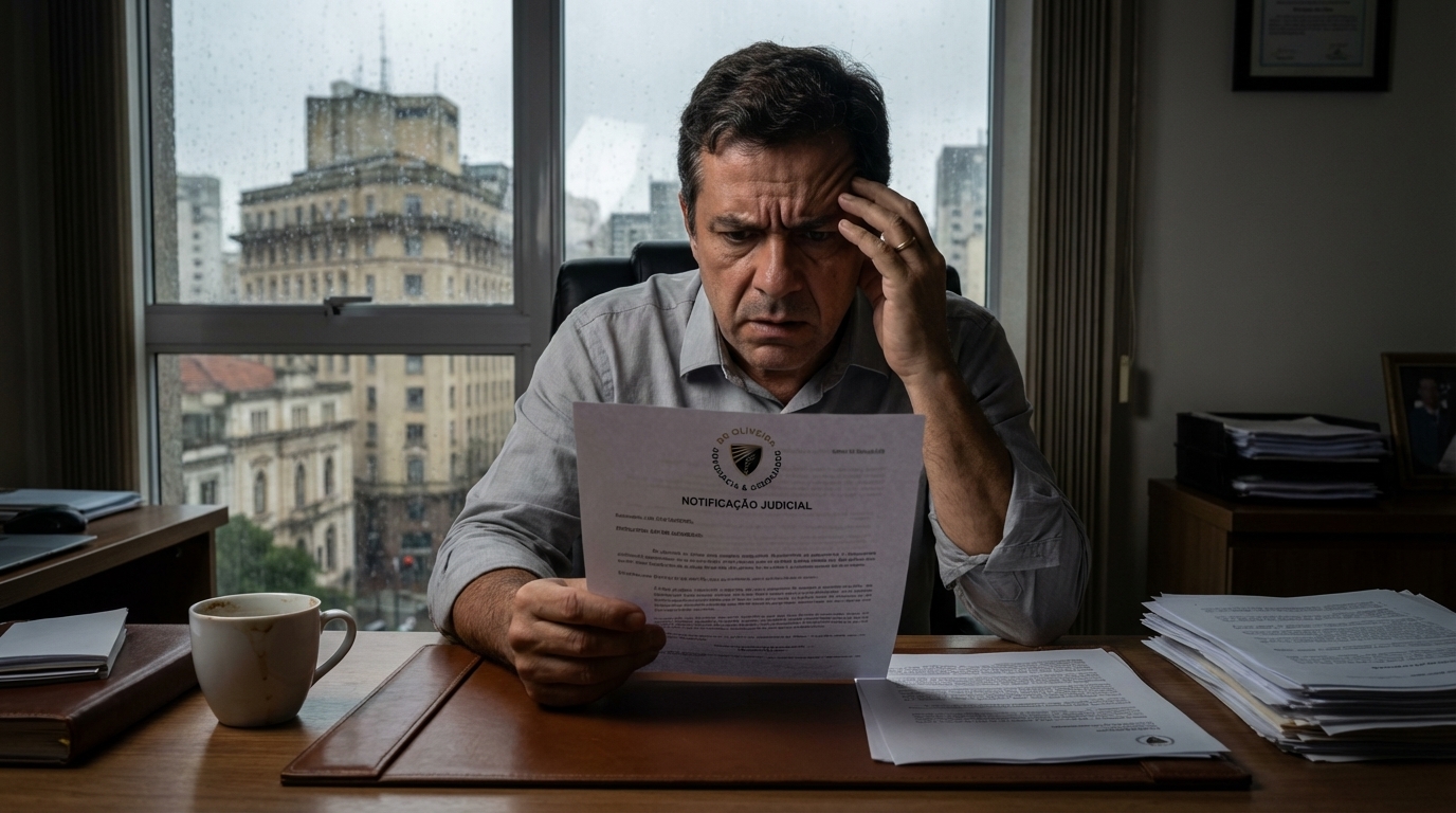 Homem brasileiro tenso lendo notificação judicial em seu escritório em São Paulo, temendo processo por lesão corporal culposa cachorro