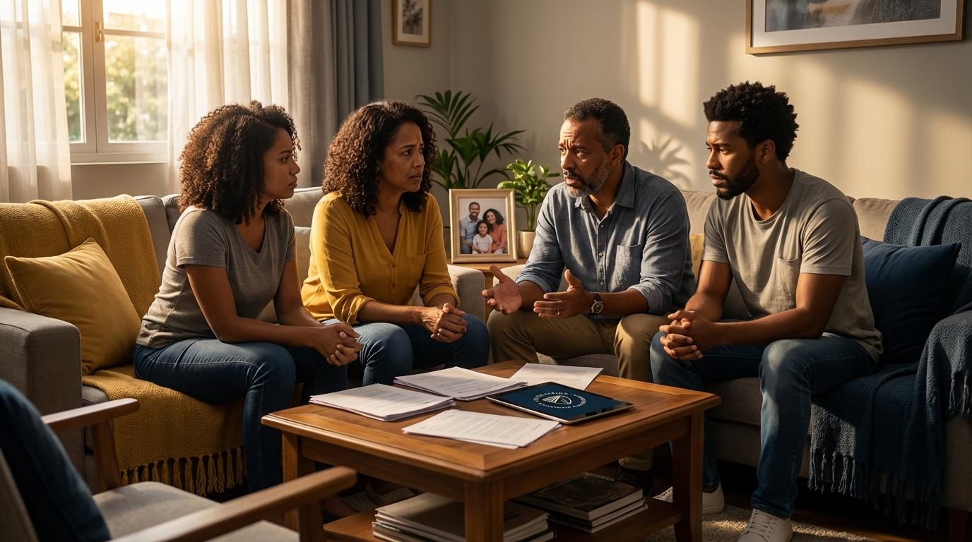 Família brasileira discutindo seriamente na sala de estar sobre as consequências da omissão de cautela guarda de animais