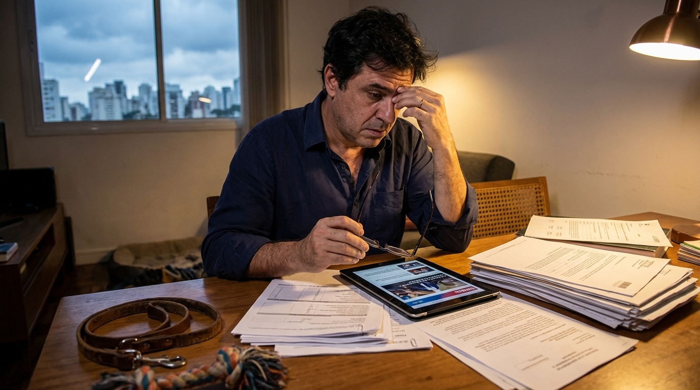 Empresário brasileiro angustiado revisando documentos financeiros e legais em casa, buscando defesa criminal São Paulo