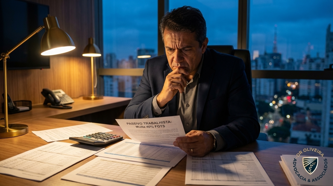 Empresário brasileiro preocupado analisando planilhas financeiras de passivo trabalhista em seu escritório moderno focando na multa 40% FGTS