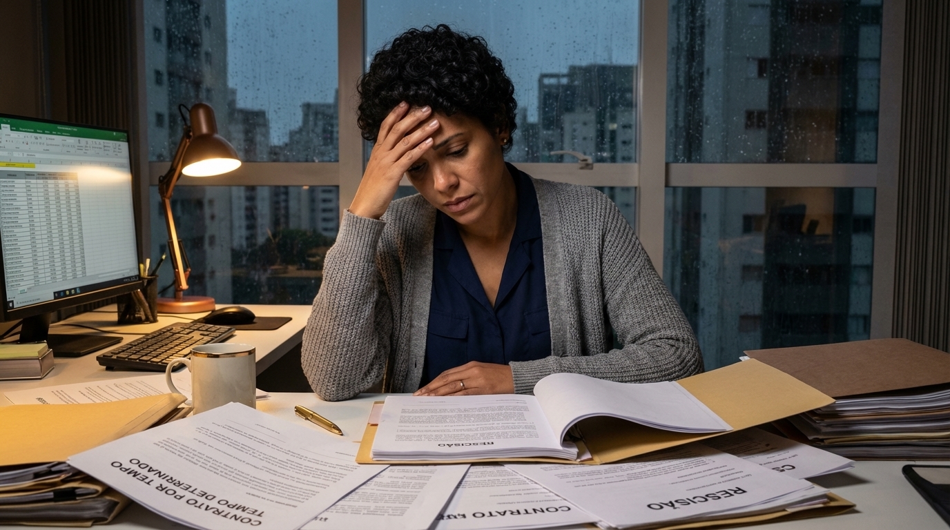 Gestora de RH brasileira angustiada revisando contratos de trabalho em uma mesa cheia de documentos lidando com rescisão antecipada