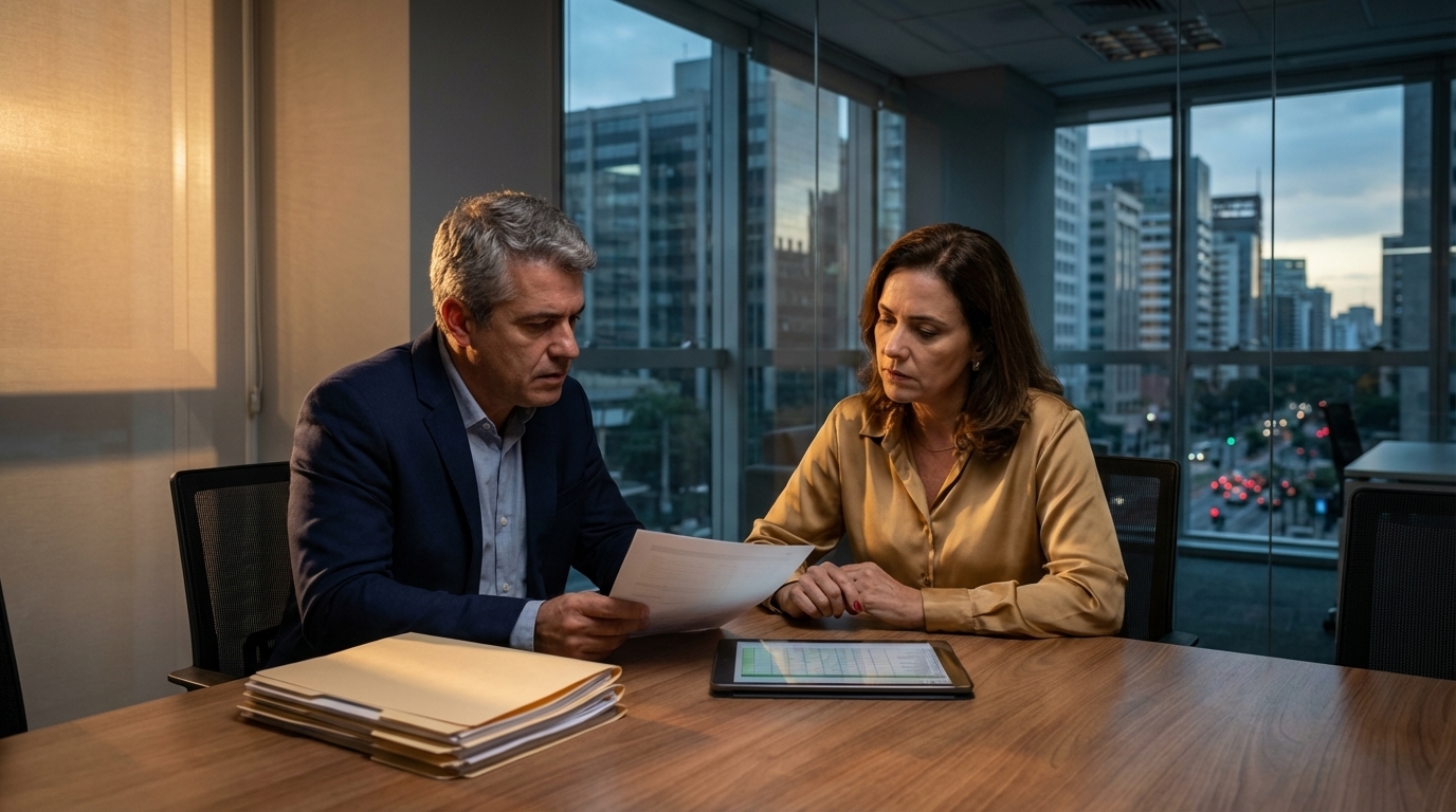 Sócios de uma empresa brasileira discutindo seriamente estratégias de negócios em uma sala de reuniões focados em compliance e direito empresarial