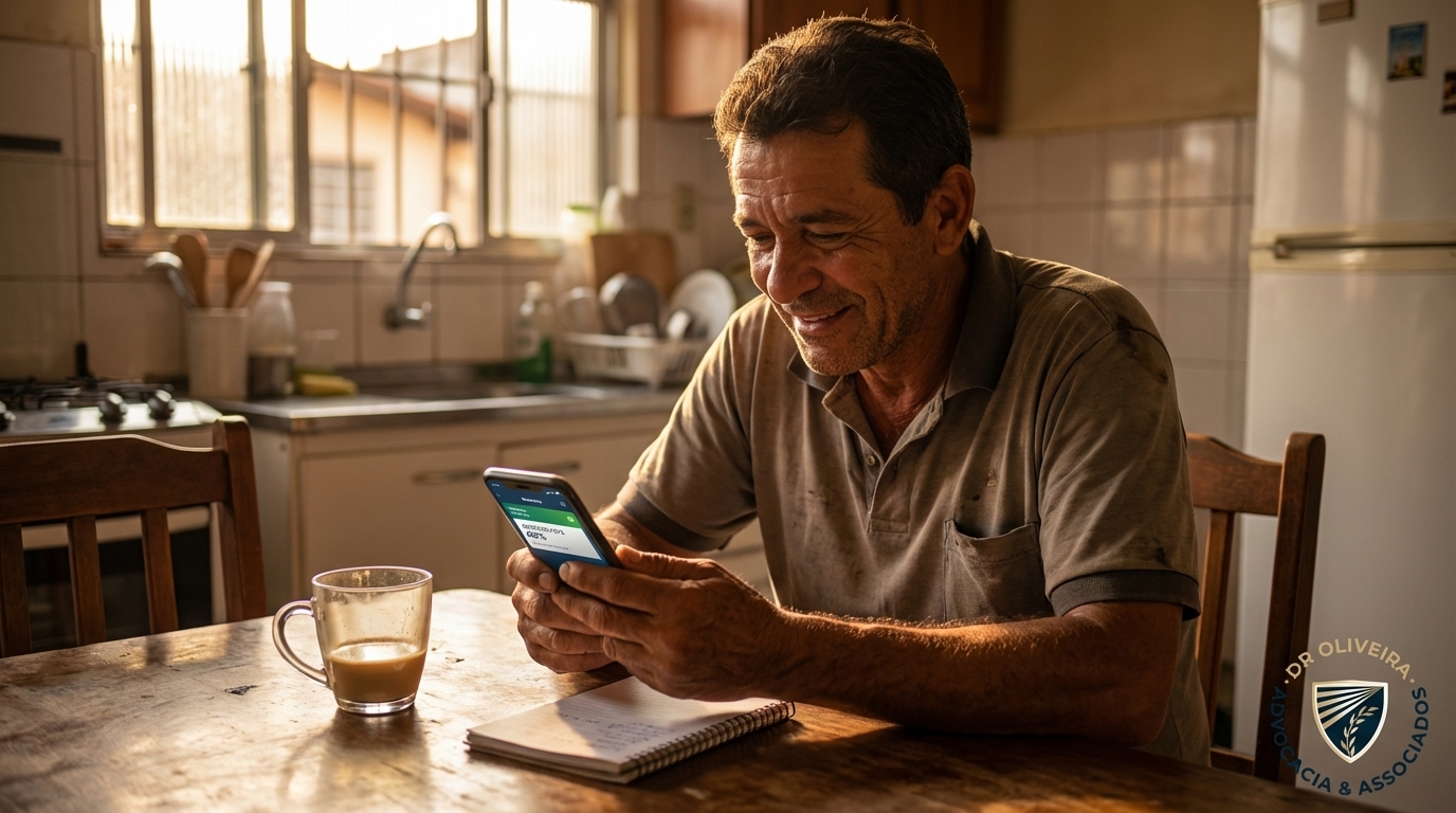 Trabalhador brasileiro aliviado verificando o saldo bancário no celular após rescisão antecipada confirmando o depósito da multa 40% FGTS