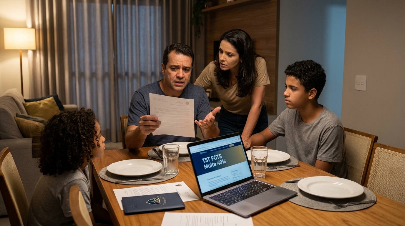 Família brasileira de classe média conversando na mesa de jantar sobre segurança financeira e direitos no contrato por tempo determinado