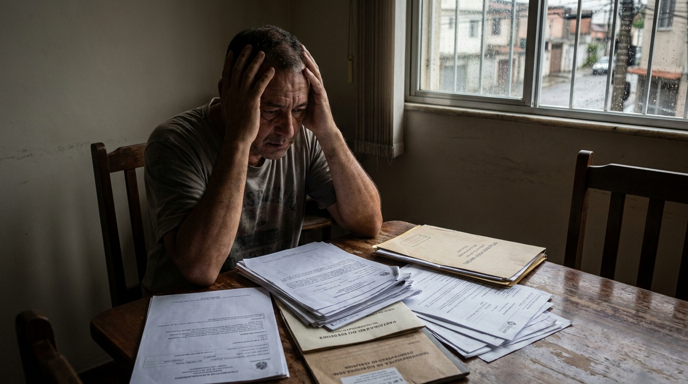 Trabalhador brasileiro exausto em casa olhando com preocupação para uma pilha de exames e laudos médicos na mesa de jantar