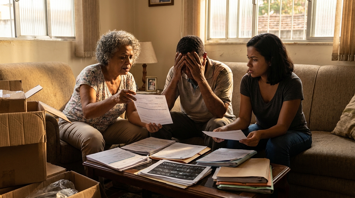 Família brasileira multirracial sentada na sala de estar, organizando cuidadosamente diversos papéis, receitas e exames médicos em pastas