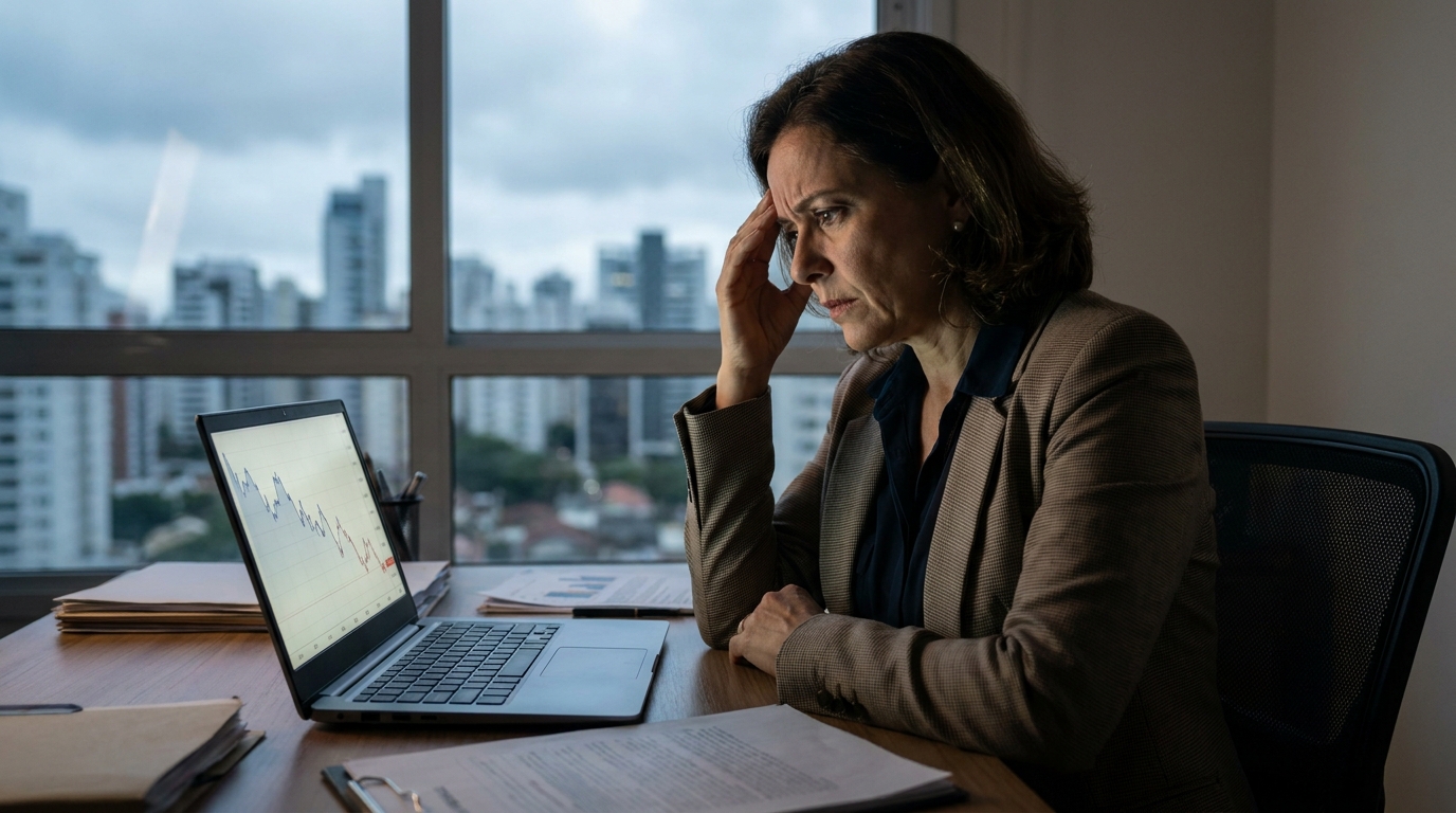 Empresária brasileira apreensiva em seu escritório, olhando para a tela do notebook com gráficos financeiros em queda