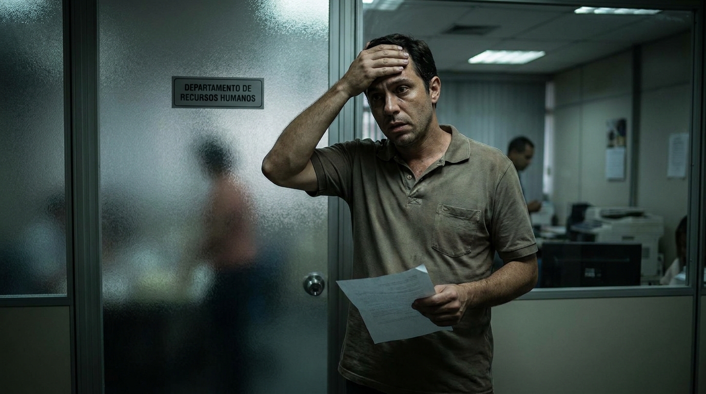 Trabalhador brasileiro suando frio, segurando um atestado médico suspeito em frente ao departamento de recursos humanos da empresa