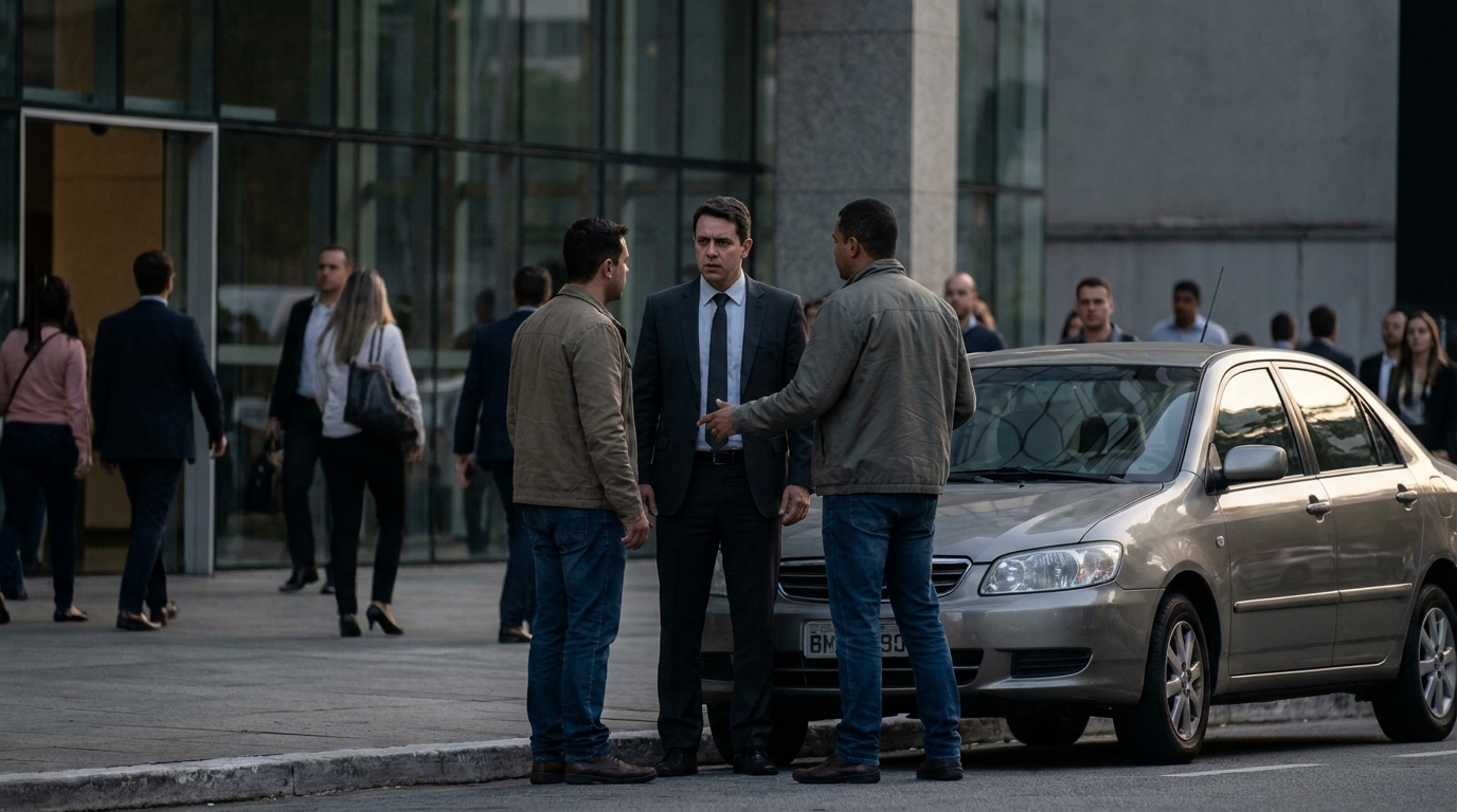 Homem de negócios sendo abordado discretamente por dois agentes federais descaracterizados na entrada de um prédio comercial em São Paulo