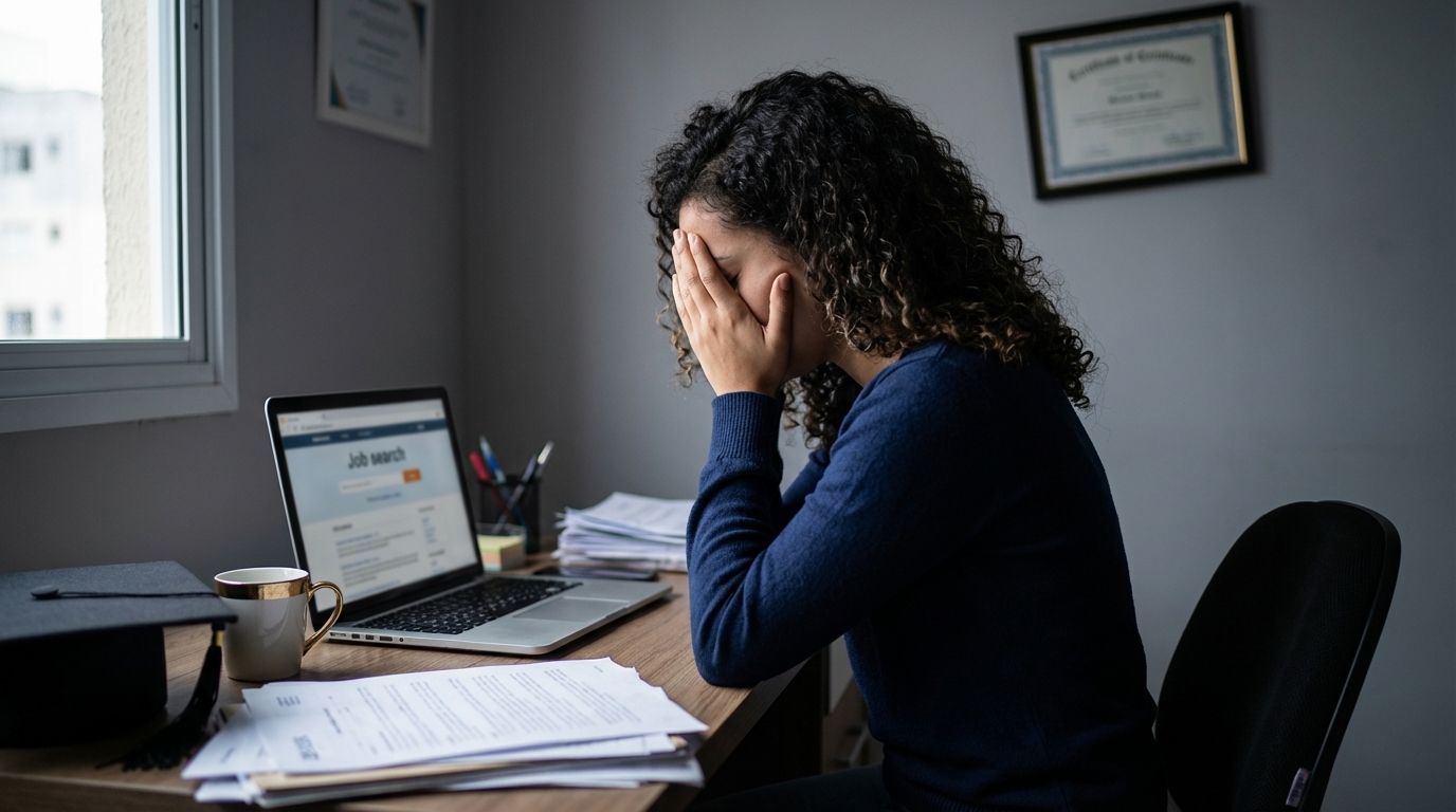 Jovem brasileira frustrada sentada à mesa com notebook e papéis, com as mãos no rosto demonstrando preocupação com sua carreira profissional
