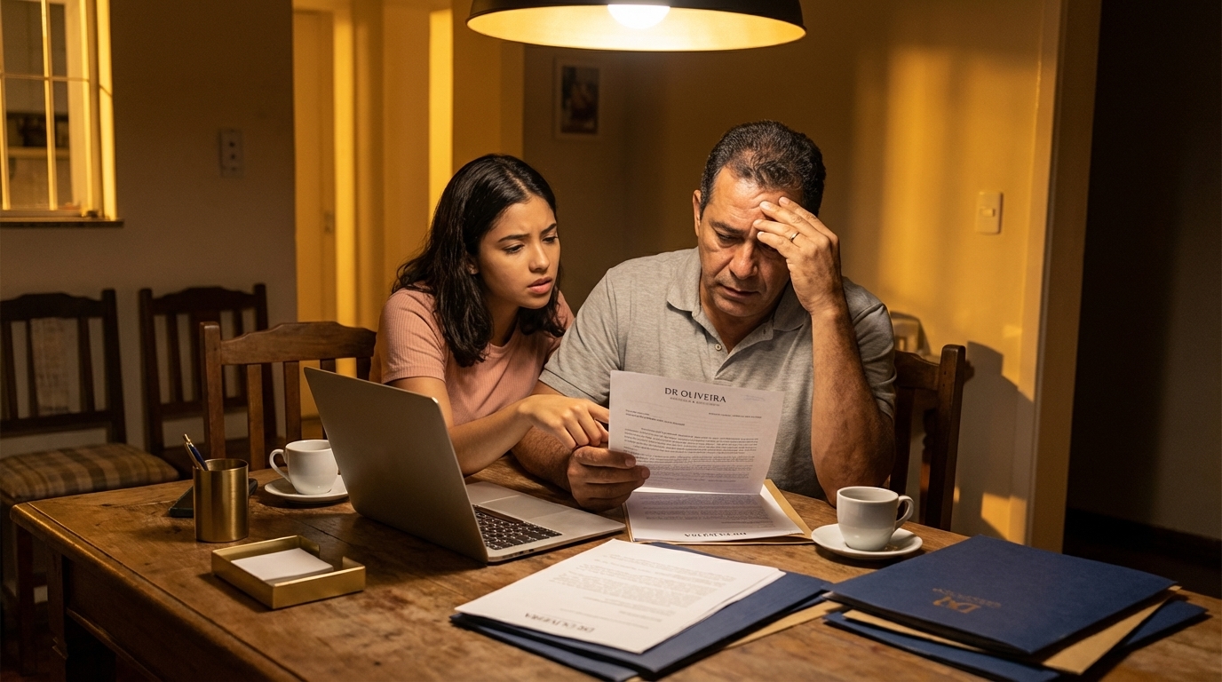 Pai e filha brasileiros analisando documentos em uma mesa de jantar com expressões de preocupação e seriedade
