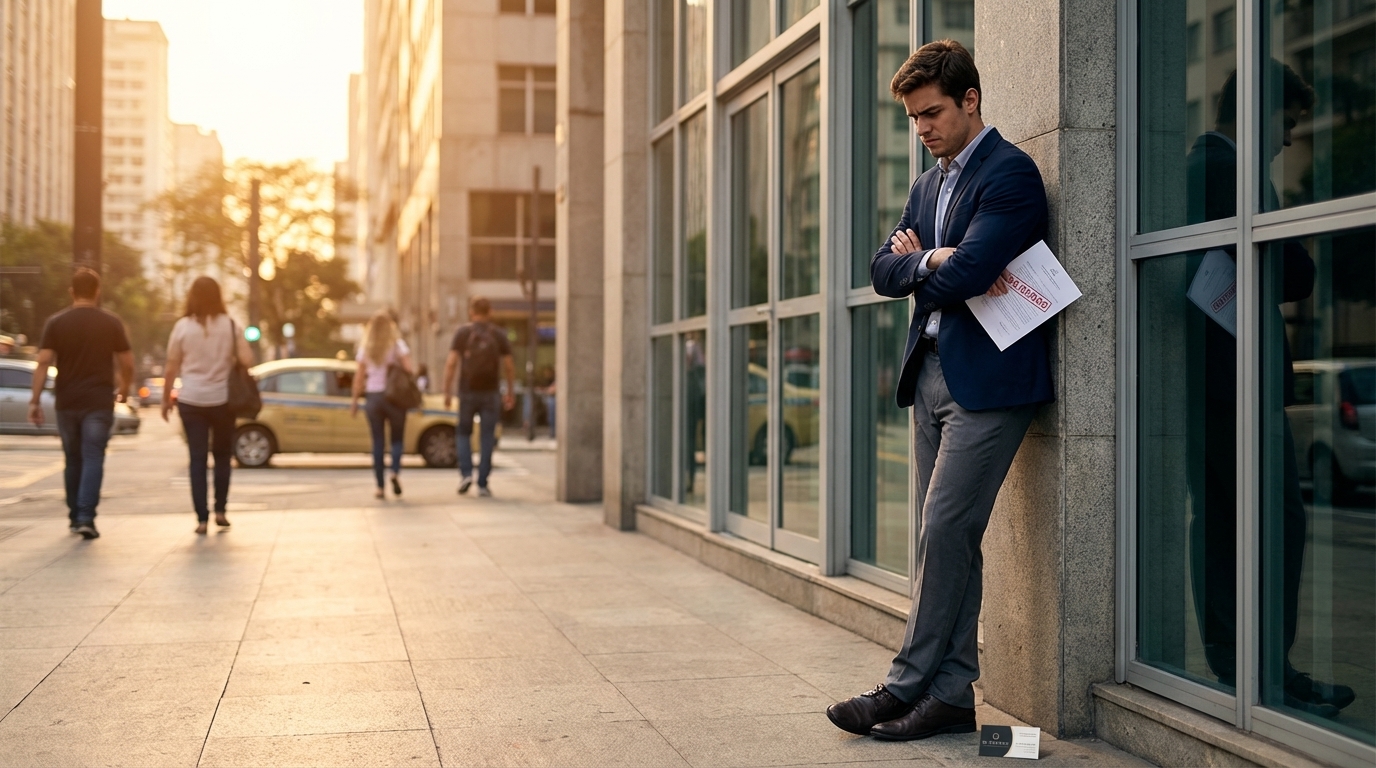 Jovem profissional brasileiro de braços cruzados em frente a um prédio comercial demonstrando frustração por perder uma oportunidade de trabalho