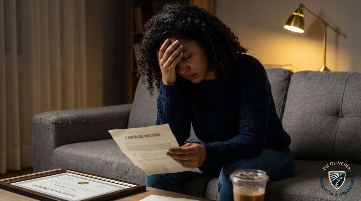 Mulher brasileira segurando carta de recusa de emprego sentada no sofá de casa com expressão de profunda tristeza