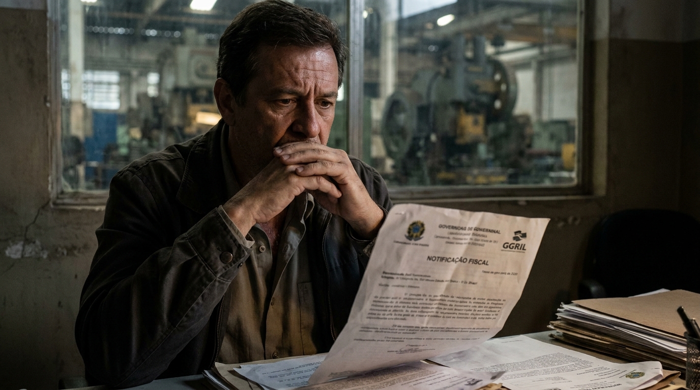 Empresário brasileiro preocupado em escritório industrial analisando notificação fiscal com as mãos no rosto, reflexivo sobre responsabilidade criminal acidente de trabalho